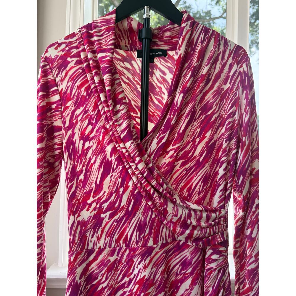 Jones New York Dress L Pink Abstract Print Draped Faux Wrap Long Sleeve Midi - Picture 2 of 7